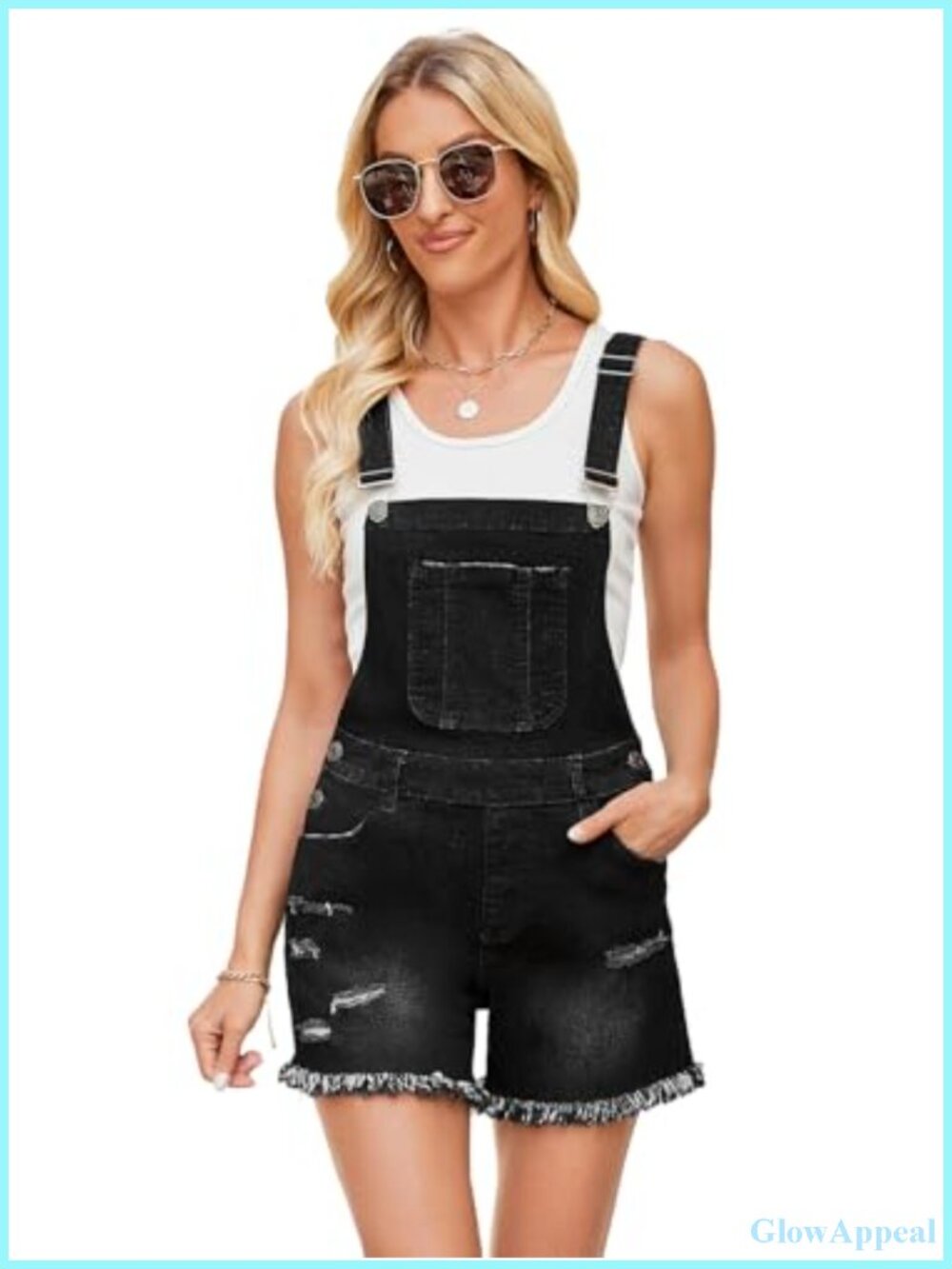 Women's Denim Overalls Shorts, Distressed Jean Shortalls, Adjustable Straps
